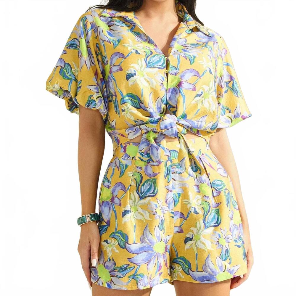 NEW THE SANG sunny daze linen floral short set in mustard print